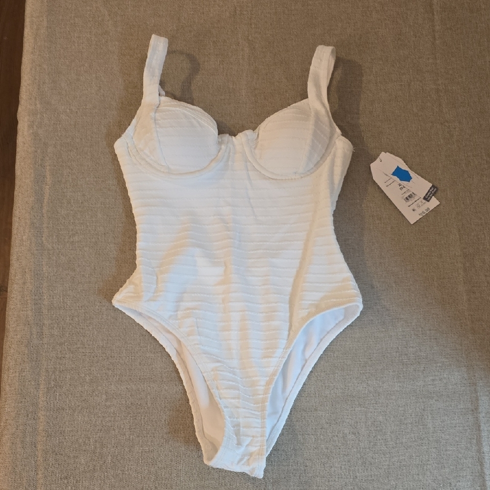 Womans Time And True White Ribbed One Piece Swimsuit Cheeky High Leg